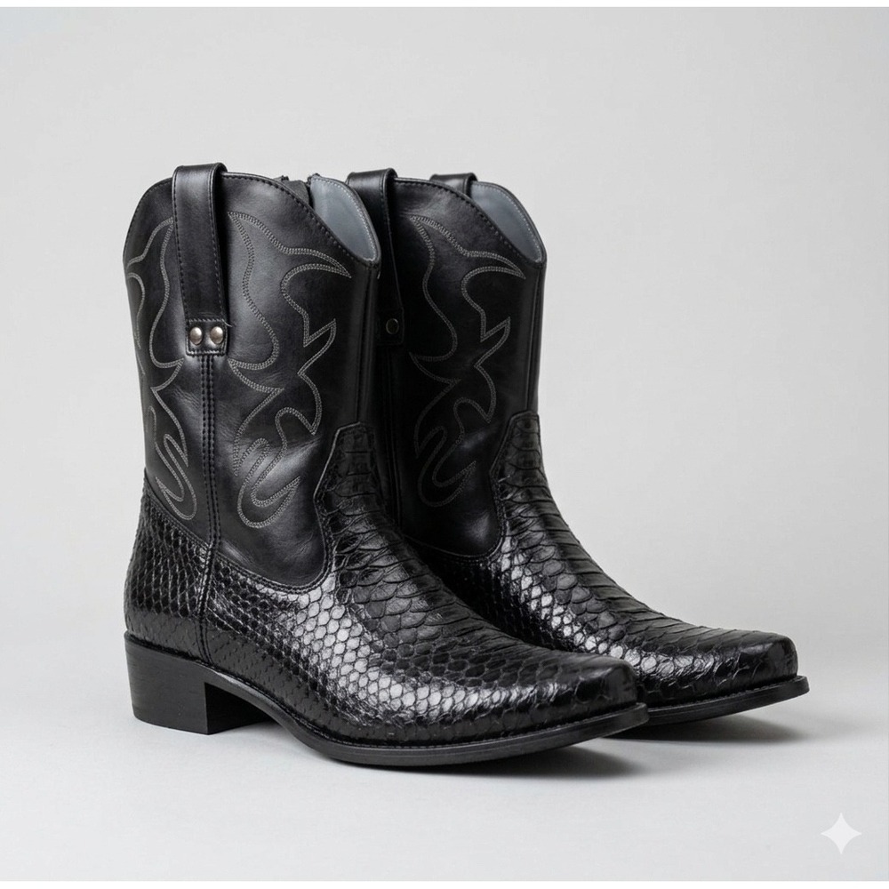 Alberto Fellini Snakeskin Style Western Boots Embroidered Pointed Toe Block Heel